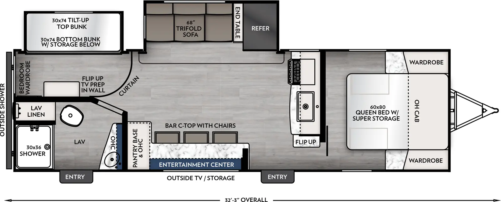 The Apex Ultra-Lite 246BARV floorplan has two entries and two slide outs. Exterior features include: fiberglass exterior and  outside entertainment. Interiors features include: bunk beds and front bedroom.